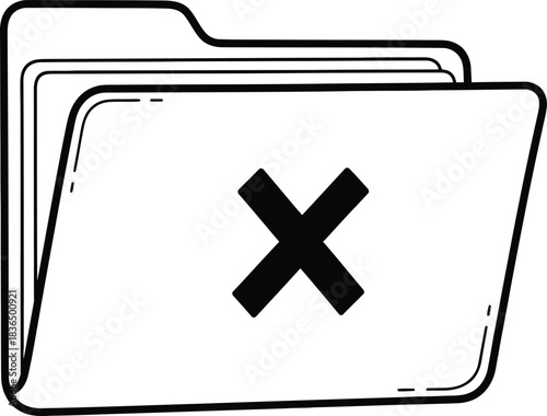 Hand-drawn simple folder with an 'X' icon, doodle solid black on white, indicating delete folder