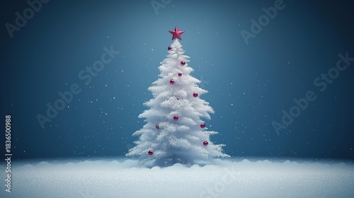 A white Christmas tree decorated with snow and red ornaments, set against a festive holiday blue background.