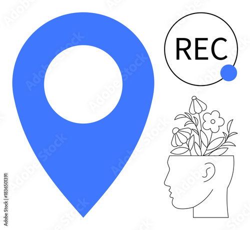 Blue location pin, circular REC indicator, and head silhouette with blooming flowers represent creativity, mindfulness, focus, exploration, personal growth, innovation, and self-discovery in a simple
