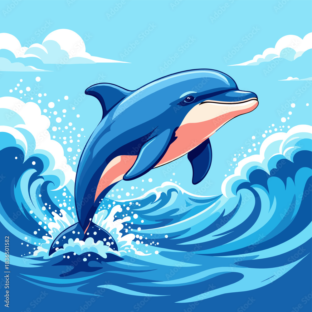 Obraz premium Happy Dolphin Jumping from Ocean Waves with Playful Splash and Bright Summer Sea Scene