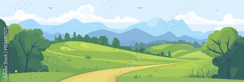 Sunny green valley landscape with winding dirt road rolling hills trees distant blue mountains and clear sky birds flying vector illustration