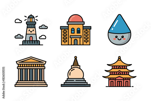 Cute Cartoon Building Icons of Temples Lighthouse and Water Drop