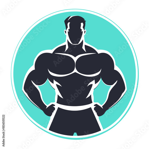 Muscular man silhouette with broad chest and arms standing confident in circle frame fitness gym bodybuilding strength training symbol vector illustration