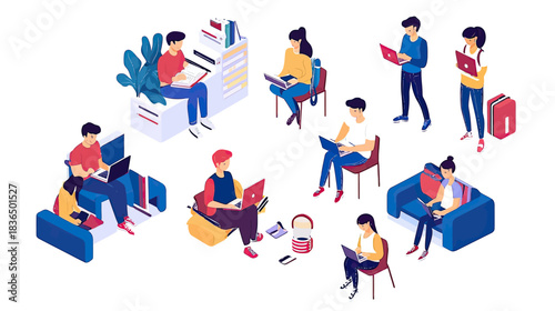 Isometric college students studying with laptops and books in various seating positions digital learning education concept flat vector illustration isolated on white background