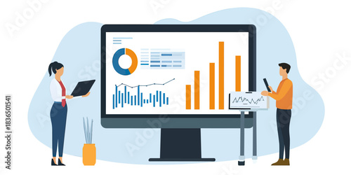 Business people analyzing financial charts with tablet and smartphone next to large monitor display showing bar graph and pie chart in modern office setting flat vector illustration