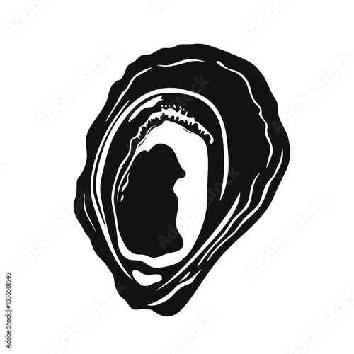 Black silhouette oyster shell vector illustration with textured ridges and natural organic shape in minimalist flat style icon design for seafood or marine theme graphics