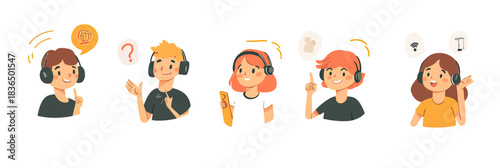 Customer support people wearing headsets asking questions giving answers sharing feedback with icons of chat question idea and wifi flat vector illustration
