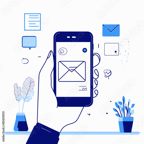 Hand holding smartphone with email message notification and various communication icons in minimalist flat vector style for business and technology concepts