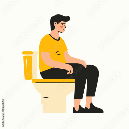 Man sitting on toilet looking worried in flat minimalist style vector illustration with casual clothing and neutral background for health concept and personal hygiene design