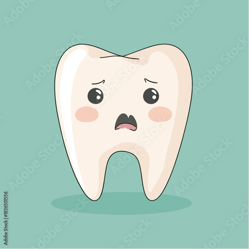 Sad worried cartoon tooth with expressive eyes and open mouth on teal background dental health concept vector illustration flat minimalist style