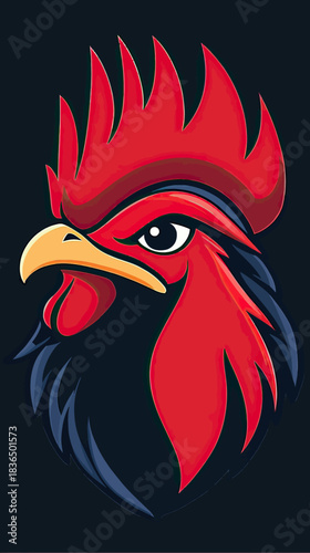 Bold red rooster head mascot logo with sharp comb and fierce eye in flat minimalist vector style for sports team branding and emblem design