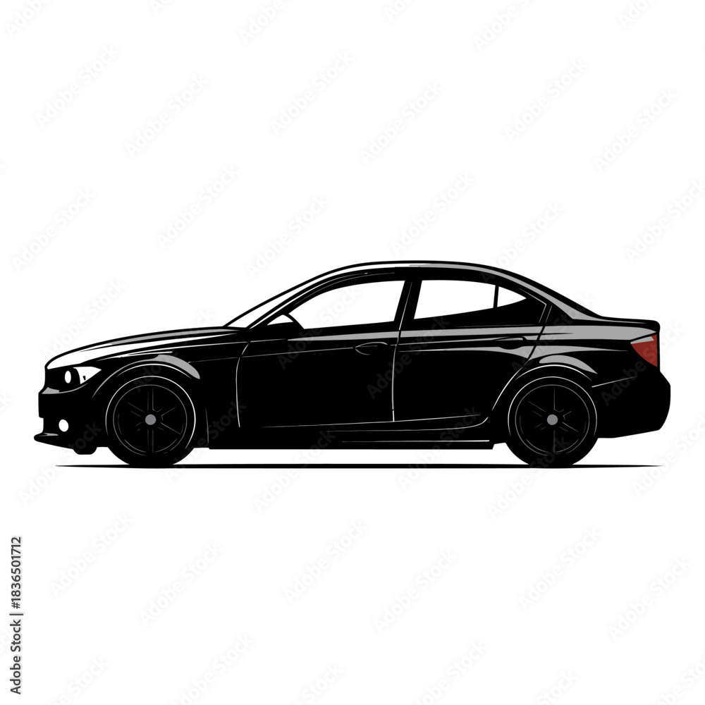 Fototapeta premium Black silhouette side view of modern sedan car with sleek design and sporty wheels on white background minimalist vector illustration suitable for automotive and transport projects