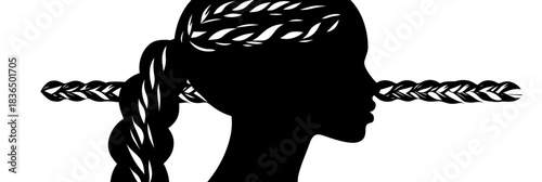 Silhouette of female profile with long braided hair in minimalist flat vector style showing detailed braid textures and elegant side view