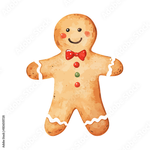 Watercolor gingerbread man cookie with smile red bow tie and colorful buttons festive winter holiday sweet biscuit isolated on white background