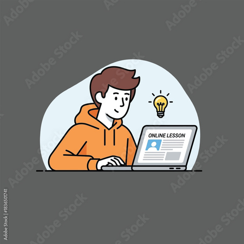 Young man learning online lesson through laptop, gaining knowledge, and developing ideas