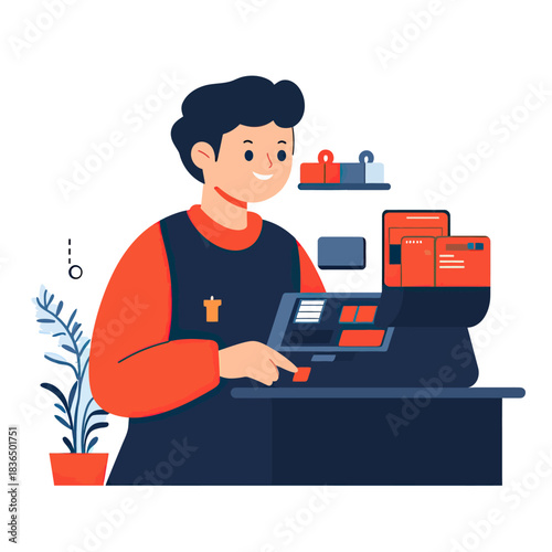 Smiling cashier operating modern cash register with touchscreen and card payment in retail store minimal flat vector illustration