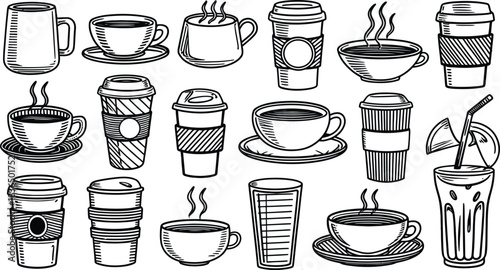 Hand drawn coffee cups and takeaway mugs set. Vintage engraving style hot drink and iced beverage vector illustration collection
