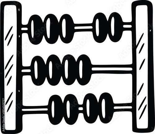 Hand-drawn simple abacus icon, doodle solid black on white, with uneven beads on the wires, quick counting sketch