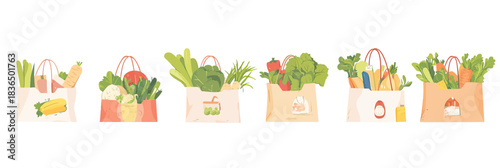 Various grocery bags filled with fresh organic vegetables and food items in flat minimalist style for healthy shopping and food delivery concepts vector illustration