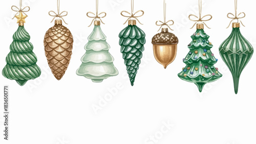 Watercolor Christmas Ornaments Set. Hanging Gold Pine Cone and Green Tree Decorations.