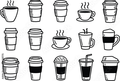 Hand drawn coffee takeaway cups and mugs set. Hot beverage paper cup and ceramic mug vector illustration collection