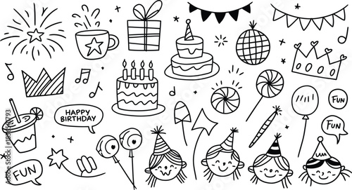 Hand drawn birthday party doodles set. Cake, balloons, and celebration vector illustration collection