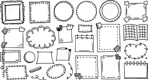 Hand drawn frames and borders doodle set. Photo frame, sticky note, and scrapbook decoration vector illustration collection
