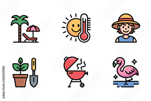 Fun summer icons with holiday and outdoor barbecue elements set