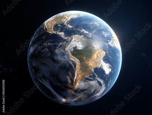 full Earth seen from space withsouth america, Brazil at the center, ultra-realistic, bright blue atmosphere, detailed clouds, sunlight casting soft shadows, highly detailed surface, 8k, ultra HD, cine
