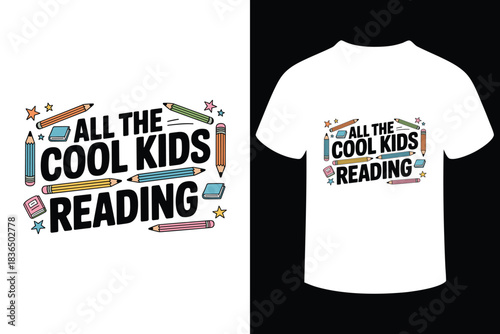 Cool kids reading t shirt design with school supplies illustration