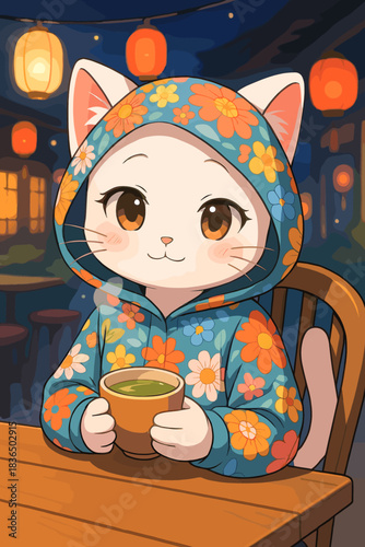 Cute Hoodie Cat Sipping Hot Cocoa, Cozy Evening Cafe Character