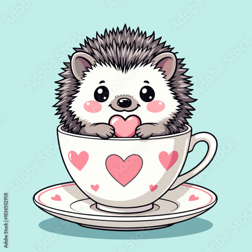 Adorable hedgehog peeking from heart patterned teacup, blushing cheeks and tiny paws, sweet cozy tea moment, lovable dessert friend