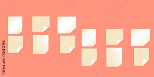 Set paper stickers isolated on coral / salmon-pink background. White Rectangle Stickers with Corner Peels isolated on transparent background .
