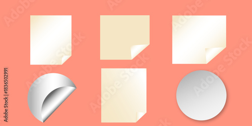 Set paper stickers isolated on coral / salmon-pink background. White Rectangle Stickers with Corner Peels isolated on transparent background .
