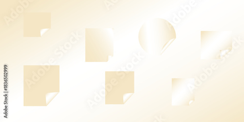 Set paper stickers isolated on light cream , off-white background. White Rectangle Stickers with Corner Peels isolated on transparent background .
