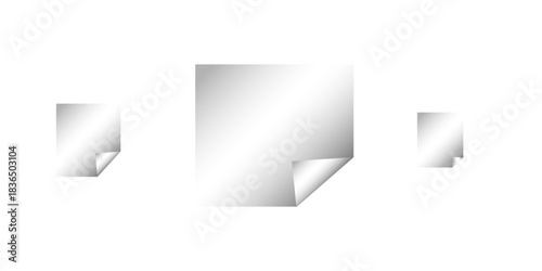 white twisted poster on a shelf. Set paper stickers isolated on white background. White Rectangle Stickers with Corner Peels isolated on transparent background. Blank transparent square stickers .
