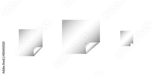 white twisted poster on a shelf. Set paper stickers isolated on white background. White Rectangle Stickers with Corner Peels isolated on transparent background. Blank transparent square stickers .
