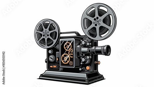 Vintage Film Projector Machine with Reels and Gears.
