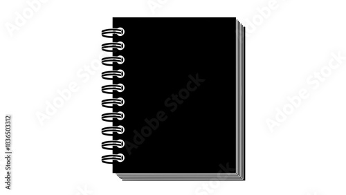 Single black spiral notebook, isolated on white background with sharp studio lighting