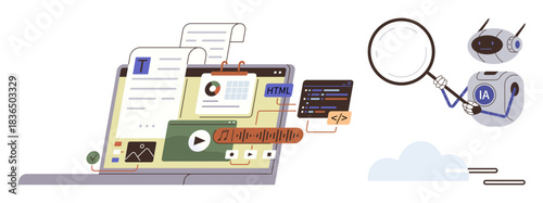 Robot holding magnifying glass examining laptop screen with web content, HTML code, and media. Ideal for web development, AI tools, tech education, coding, analytics, data science simple flat