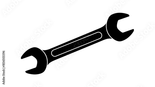 Single black wrench silhouette, isolated on white background with sharp studio lighting