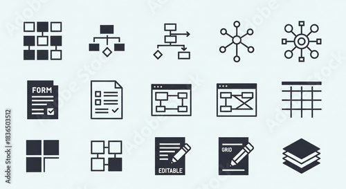 Stunning collection of modern icons representing process flowcharts diagrams data structure and editable forms design elements