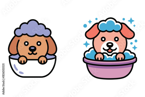 Cute Cartoon Dogs in Bathtubs with Bubbles and Stars Vector Illustration