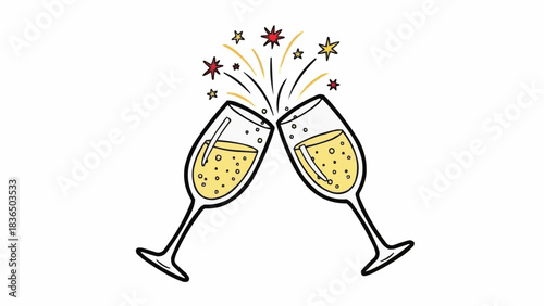Two champagne glasses clinking together with celebratory sparkles and bubbles.