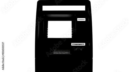 Black ATM machine isolated on white background with sharp studio lighting