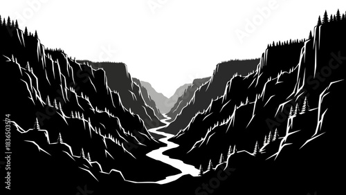 Deep canyon river valley silhouette isolated on white background