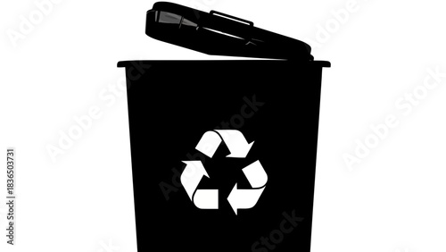 Single black recycling bin silhouette, isolated on white background