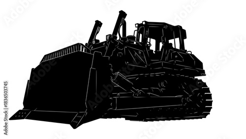 Black bulldozer silhouette isolated on white background