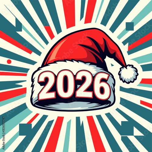 Playful 2026 numerals beneath red Santa hat, teal red cream burst rays and confetti shapes, midcentury pop art vibe and party energy