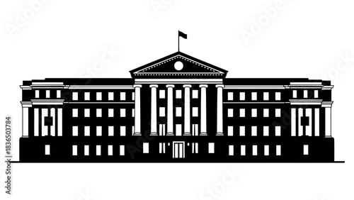 Grand neoclassical building silhouette, isolated on white background